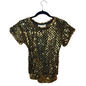 VTG‎ Southeastern Gold Sequin Beaded Top Women Small 17"x21" Sparkle Disco Party